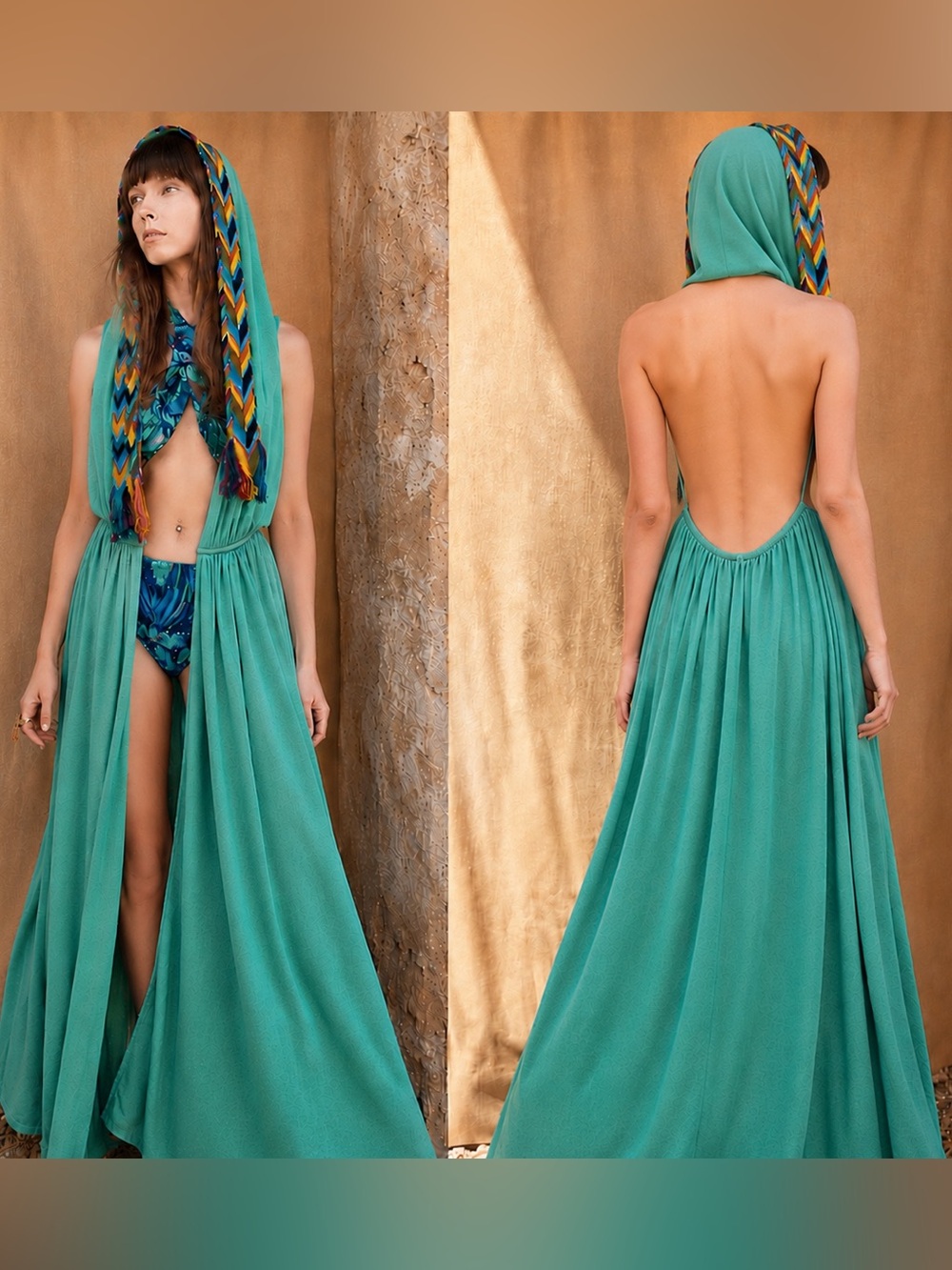 Bashaques Bohemian Festival Swim Cover Open Back Hooded Maxi Green OS